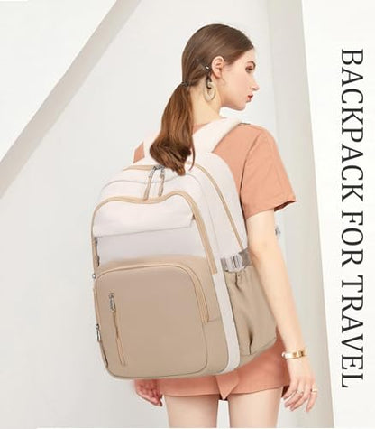 JIANYA Laptop Backpack for College Women Travel Backpack Big Student School Bag, Water Resistant Fits 15.6" Notebook - color: Beige+khaki