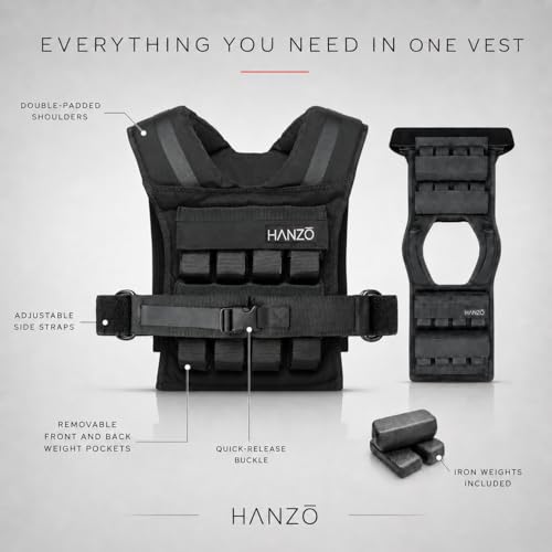 HANZO Weighted Vest for Men & Women 25lbs | 35lbs | 45lbs | 65lbs | Weight Vest With Removable Iron Weights, Adjustable Heavy Duty Weighted Workout Vest for Calisthenics & Fitness Training - size: 35 lbs