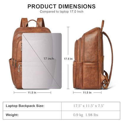 Shrrie 17 inch Leather Laptop Backpack for Women, Large Travel Backpack with 6 Compartments, Vegan Leather Computer backpack purse for WORK Casual Daypack College - color: Brown