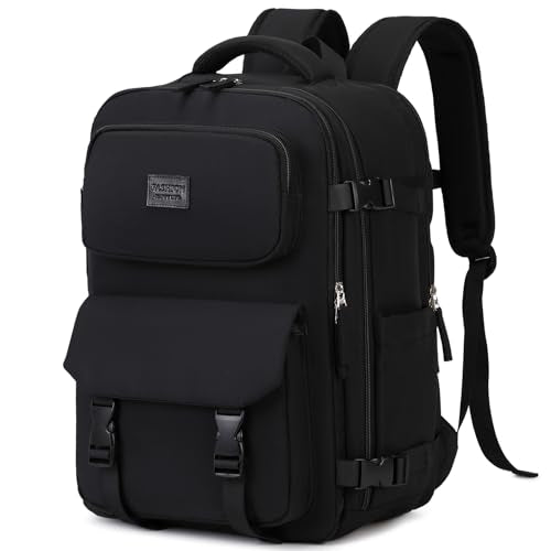 MOONBABY Travel Backpack for Women Men Carry On Flight Approved 3pcs Set Personal Item Travel Bag With Luggage Strap - color: Black