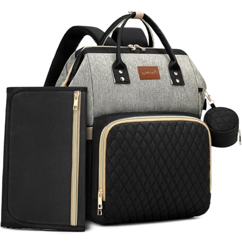 ROSEGIN Diaper Bag Backpack with Changing Pad, Pacifier Case, Baby Bag for Boy Girl Toddler - Large, Stylish, Waterproof Travel Quilted Diaper Bag for Mom - Baby Shower - Black Grey - color: Black/Gray