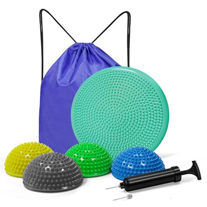 Wobble Cushion Set for Sensory Kids and Balance Training - Disc Plus 4 Pods, Board With Pump, Inflatable Stepping Pads for Adults - color: Teal