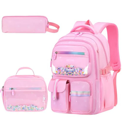 3PCS Kids Backpack Set, School Backpack with Lunch Bag & Pencil Case, Lightweight Waterproof Bookbag for Kids (Pink Sequin) - color: Pink Sequin