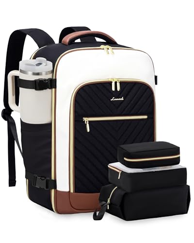 LOVEVOOK Large Travel Backpack for Women, TSA Carry on Backpack for Airplanes, 40L Personal Item Travel Bag for Women fits 17" Laptop,Waterproof Carry on Bag Airplane Approved with 3 Packing Cubes - color: Black - Beige - Brown, size: 40L-4Pcs