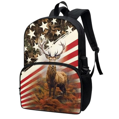 Talayituse Deer American Flag Print Kids School Backpack with Laptop Compartment Casual Travel Daypack Rucksack for Girls Boys, Lightweight 17 Inch Schoolbag Knapsack Shoulder Bag for Outdoors Travel - color: Deer American Flag