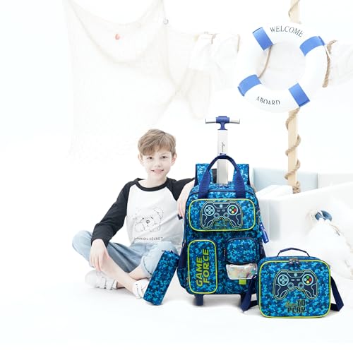 Kids Rolling Backpack with Wheels for Elementary Preschool Students 16inch Boys Travel Luggage Carry on Backpack for Boys Ages 6-8 - color: B Game