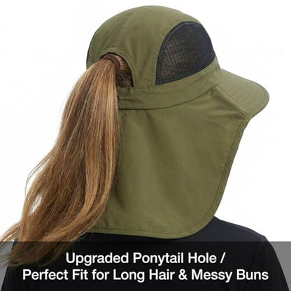 UV Sun Protection Hat Women Foldable Neck Flap Wide Brim Fishing Hat with Ponytail Hole for Women - color: 002 Army Green