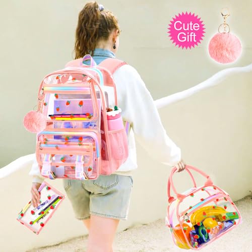 KLFVB Girls Clear Backpack Heavy Duty, 3PCS See Through School Bag Set, Cute Transparent Bookbag for Women - Strawberry Pink - color: Strawberry Pink Clear Backpack