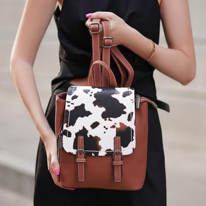 Montana West Brown Cow Print Small Backpack for Women Vegan Leather Mini Womens Backpack Purse Cute Convertible Shoulder Bag - color: Brown Cow Print