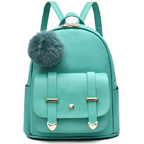 I IHAYNER Girls Fashion Backpack Mini Backpack Purse for Women Teenage Girls Purses PU Leather Pompom Backpack Shoulder Bag - color: Turquoise