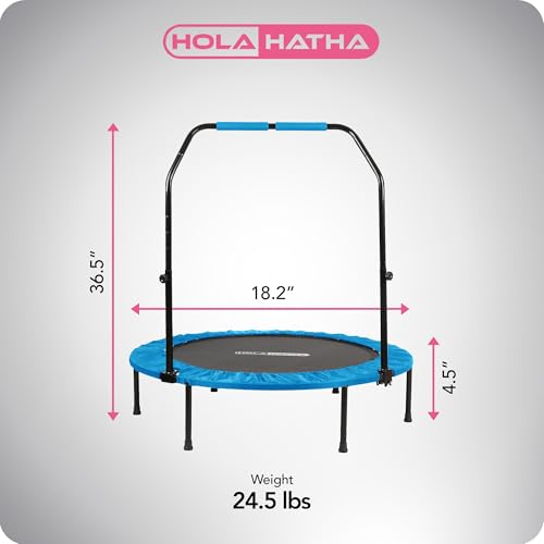 HolaHatha Portable Foldable Mini Trampoline Fitness Rebounder with 5 Level Adjustable Handle, Supports up to 440 Pounds, 48-Inch, Blue