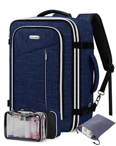 Travel Carry On 17.5" Laptop Expandable Backpack for Men Women, Personal Item Bag Waterproof Airline Approved with USB Charging Hole 3 Packing Cubes, Large Weekender Daypack Business Luggage Suitcase - color: Navy Blue, size: Expandable
