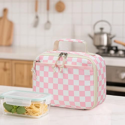 LEDAOU Lunch Box Kids Insulated Lunch Bag Girls Boys Toddler Reusable Lunchbox for School Picnic Hiking (Checkered-Pink) - color: Checkered-Pink