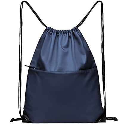 Drawstring Backpack Sports Water Resistant String Bag Sport Gym Sackpack for Women Men Large with Zipper, Navy - color: Navy