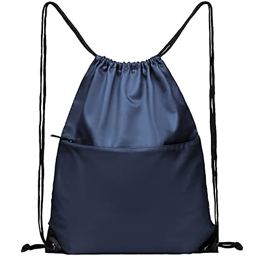Drawstring Backpack Sports Water Resistant String Bag Sport Gym Sackpack for Women Men Large with Zipper, Navy - color: Navy