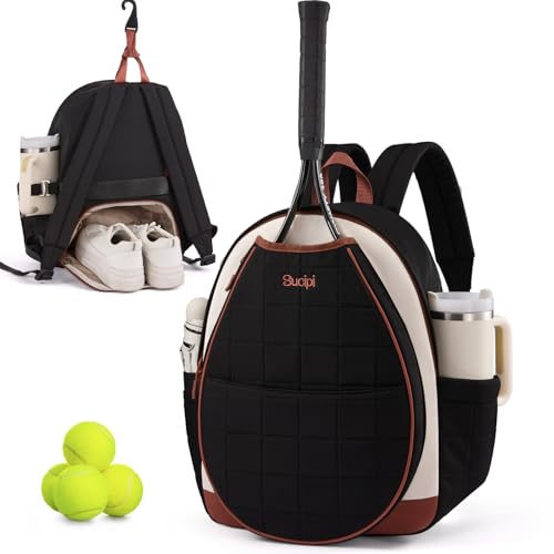 Sucipi Tennis Bags for Women, Quilted Tennis Racket Bag Backpack for Tennis Racquet, Pickleball Paddles, Badminton - color: Black-white-brown with cup holder, size: Medium with Shoe Compartment