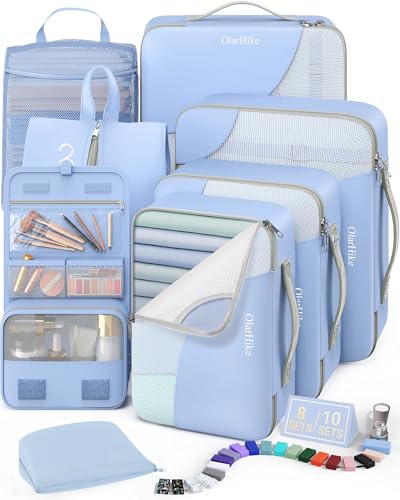 8 Set Packing Cubes for Travel, Gifts for Women Mom,Anti-Tearing Suitcase Organizer,OlarHike Vacation Essentials & Accessories for Cruise Ship - color: 07 Light Blue