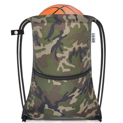 draw string back bag, Large Gym Sports string backpack for men and women with front zipper pocket and inside zipper pocket to keep key or phone (green camo) - color: Green Camo, style: Drawstring With Front Pocket