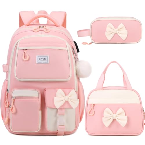 Bevalsa Backpack for Girls, Cute Bow School Bags for Kids with Lunch Bag & Pen Case, Bookbag for Girls Children Teens Elementary Middle Student, Back to School Gift with USB Charging Port - color: Pink