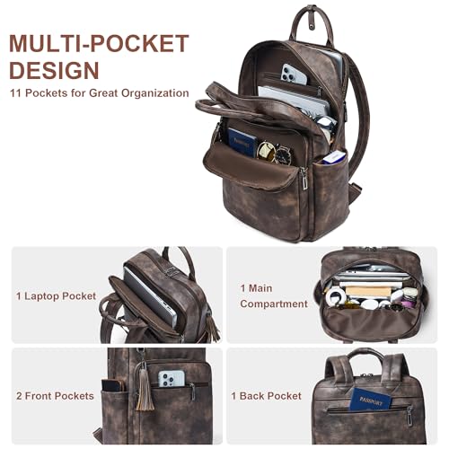 Shrrie Laptop Backpack for Women 15.6 inch Travel Leather Backpack Purse Work Computer Backpacks for Business College Coffee - color: Coffee