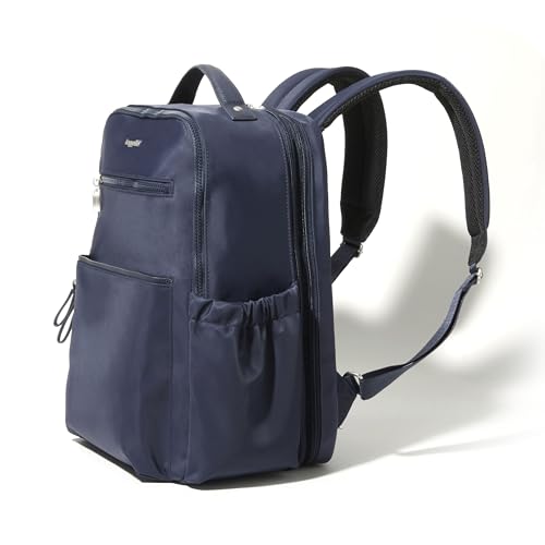 Baggallini Tribeca Expandable Laptop Backpack - 15"x11" Lightweight RFID Computer Bag for Work & Travel with Luggage Sleeve - color: French Navy Twill