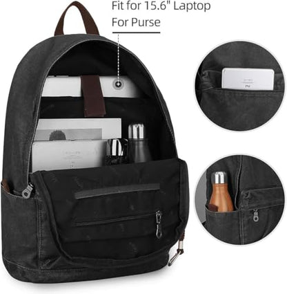 Muzee Canvas Backpack for Women and Men, Lightweight Classic Laptop Backpack with USB Charging Port for School, Travel and Daily Use, Black - color: Black