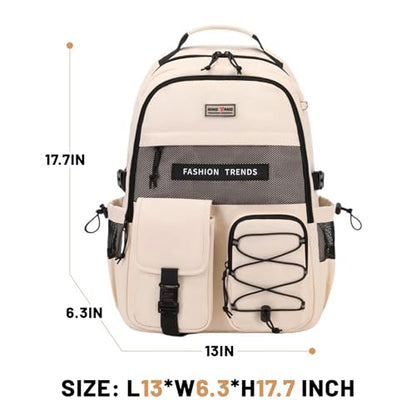 Lohol Multi-Pocket Backpack with 15.6 inch Laptop Compartment, Water Resistant Bookbag for School College and Travel (Beige) - color: Beige