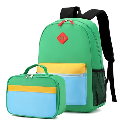 Backpack Set for Girls Boy Kids Backpack with Lunch Box for Elementary Primary Kindergarten School Bag (Green Blue Set, Large) - color: Green Blue