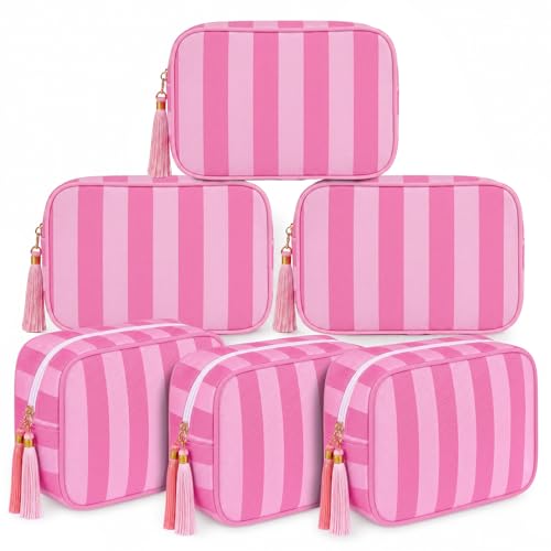 Kacctyen 6 Pack Bright Pink and Candy Pink Striped Makeup Bag bulk with Tassel Travel Cosmetic Pouch Organizer Large Zipper Toiletry Case for Women Aesthetic Storage Pouch Mahjong Tile Bag - color: Bright Pink and Candy Pink