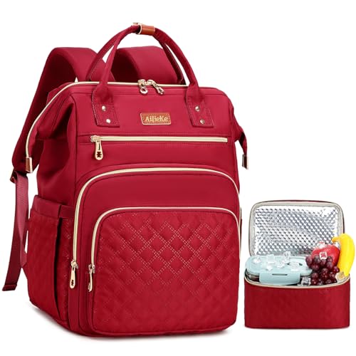AIJIEKE Lunch Backpack for Women, 15.6 Inch Laptop Backpack with Detachable Insulated Cooler Lunch Box, 2-in-1 Water Resistant Work Computer Bag for Nurse Teacher College Commute, Red - color: Red