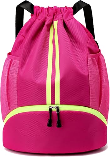 Drawstring Backpack Gym Bag with Shoe Compartment - Ideal for Basketball, Swimming, Beach Activities, Unisex - color: Rose Red