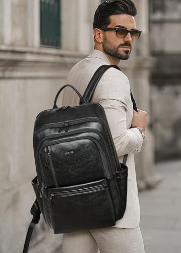 Shrrie Leather Laptop Backpack for Women, 17 inch Large Travel Laptop Backpack Purse for Casual Daypack College Work Bag - color: Black