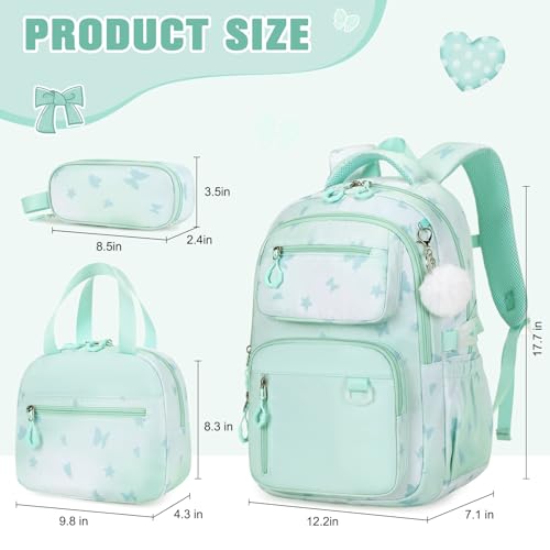 Bevalsa Backpack for Girls 3PCS Teen Girls Backpack for School with Lunch Bag Pencil Case Green Cute Kids Laptop Backpacks Bookbag for Elementary Middle High School College Student (Butterfly) - color: Green Butterfly