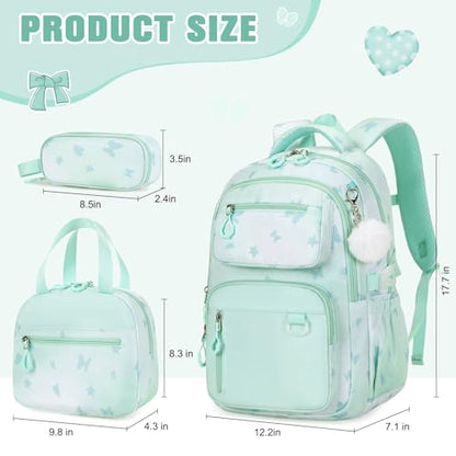 Bevalsa Backpack for Girls 3PCS Teen Girls Backpack for School with Lunch Bag Pencil Case Green Cute Kids Laptop Backpacks Bookbag for Elementary Middle High School College Student (Butterfly) - color: Green Butterfly