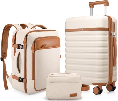 UKEIN Luggage Sets 3 Piece, PC Hardside Large Luggage 24Inch With Spinner Wheels with TSA Lock, Carry On Suitcase Set With Travel Backpack for Men (Beige, 3 piece set (24inch)) - color: Beige, size: 3 piece set (24inch)