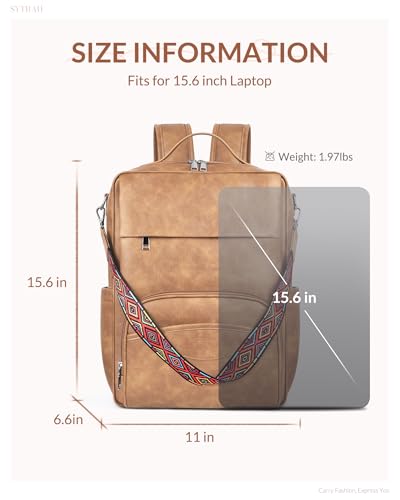 SYTRAH Leather Laptop Backpack, 15.6 Inch Business Computer Bag, Designer College Backpack Travel Backpack with Colorful Shoulder Bag Strap Camel - color: Camel