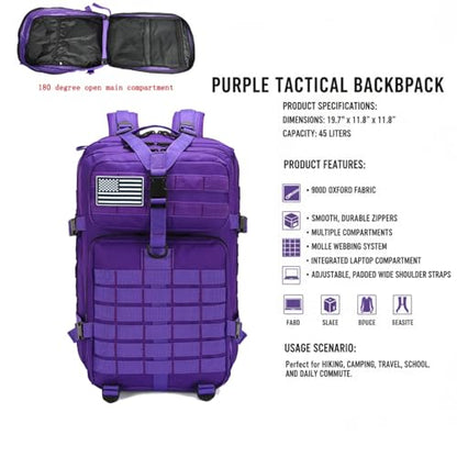 45L Military Tactical Backpack for Men & Women Bug Out Bag Assault pack Molle Daypack Hiking Trekking Rucksack(45L purple) - color: 45l Purple