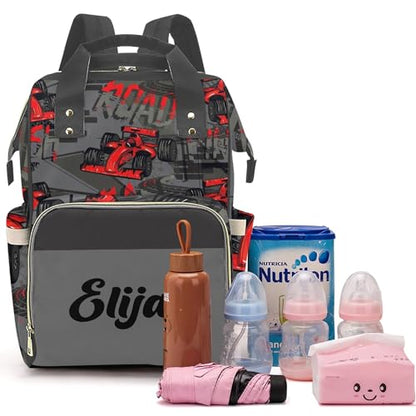 Custom Diaper Bag with Name, Personalized School Bag for Boys Red Car Pattern, Monogram Nappy Backpack with Thermal Pockets for Adults, Large Capacity Waterproof Diaper Bag, Travel Gifts - color: Red Car