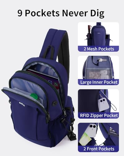 ECOHUB Anti-Theft Crossbody Bag Men Women, RFID Blocking Lightweight Sling Backpack Eco-Friendly with 9 Pockets Sturdy SBS Zippers Water Resistant for Travel Work Hiking Outdoor, Blue - color: Blue