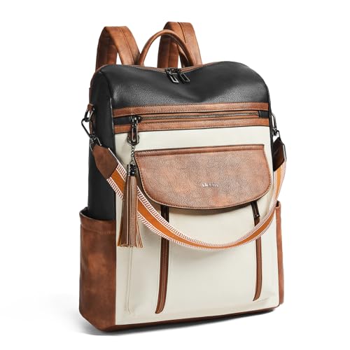 Shrrie Laptop Backpack for Women 15.6 inch,Travel Leather Backpack Purse Nurse Teacher Carry on Backpack Computer Bag,Professional Water-Resistant College Business Work Casual Daypack,Two-tone Maroon - color: Black With Brown and White