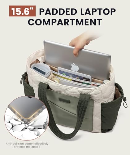 LOVEVOOK Tote Bag for Women, puffer tote bag for Work Travel Nurse, Lightweight quilted Bags with Compartments - color: M-15.6 Inch-cream-green