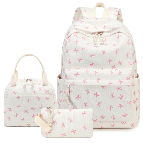 LEDAOU Kids Backpack for Girls Backpacks with Lunch Box, Lightweight Bookbag Set Elementary Middle School Back pack for 8-14 - color: Beige Bowknot