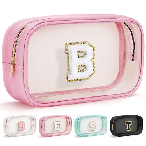 YOOLIFE Initial Clear Makeup Bag Initial Travel Makeup Bags Pouch, Clear Toiletry Bags for Women Travel Accessories Cosmetic Bag for Teen Girl Birthday Gifts for Teacher Mom Pink B - color: Large-Pink, style: B