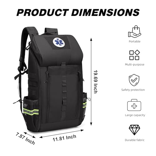 First Aid Backpack Empty, Emergency Bag, Medical Backpack, Emergency Responder for Nursing Student, Therapist, Doctors (Bag Only) - color: Black