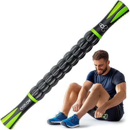 Muscle Roller Stick - Black Green - Hand Held Body Massager with 9 Rollers & Non-Slip Handles - Deep Tissue Massage & Maximum Muscle Recovery - Leg, Back, Arm, Thigh, Butt Sculpting Tool - by Cozlow - color: Black, Green