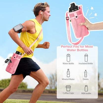 BINSUNS 2 Pcs Large Water Bottle Bag with Strap, Mesh Water Bottle Carrier Holder Crossbody Water Sling Bag Shoulder Strap and Pocket - Walking Sports Hiking Camping (Black+Pink) - color: Black+Pink, size: 2 Pcs-Large