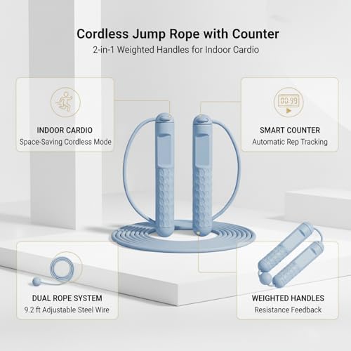 2-in-1 Cordless Jump Rope with Digital Counter, Adjustable Steel Wire & Weighted Handles for Indoor Cardio Fitness