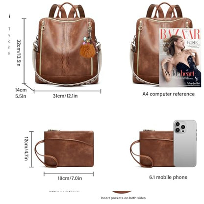 Makes Backpack Purse for Women PU Leather Travel Satchel Handbag Convertible Design Bag with Purse - color: Brown Quadruple Zipper