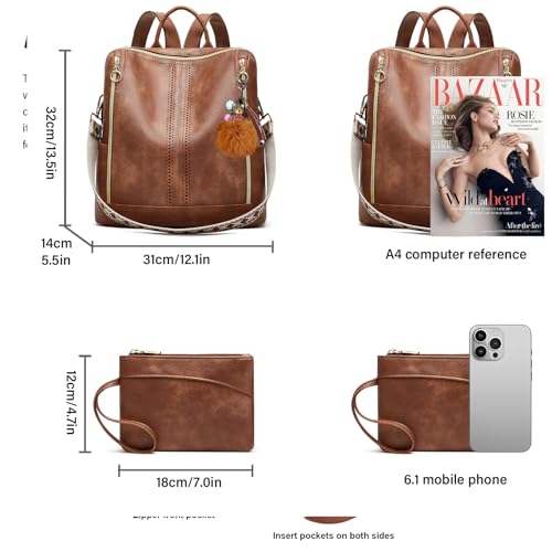 Makes Backpack Purse for Women PU Leather Travel Satchel Handbag Convertible Design Bag with Purse - color: Brown Quadruple Zipper