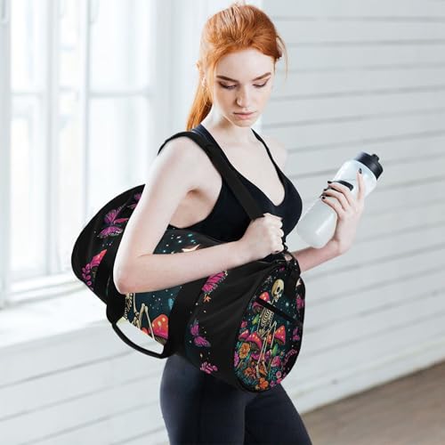 MNSRUU Sports Duffel Bags, Skeleton Sitting on Mushrooms with Butterflies Athletic Gym Bag Overnight Workout Travel Tote Luggage for Men Women Yoga - color: Skeleton A14152